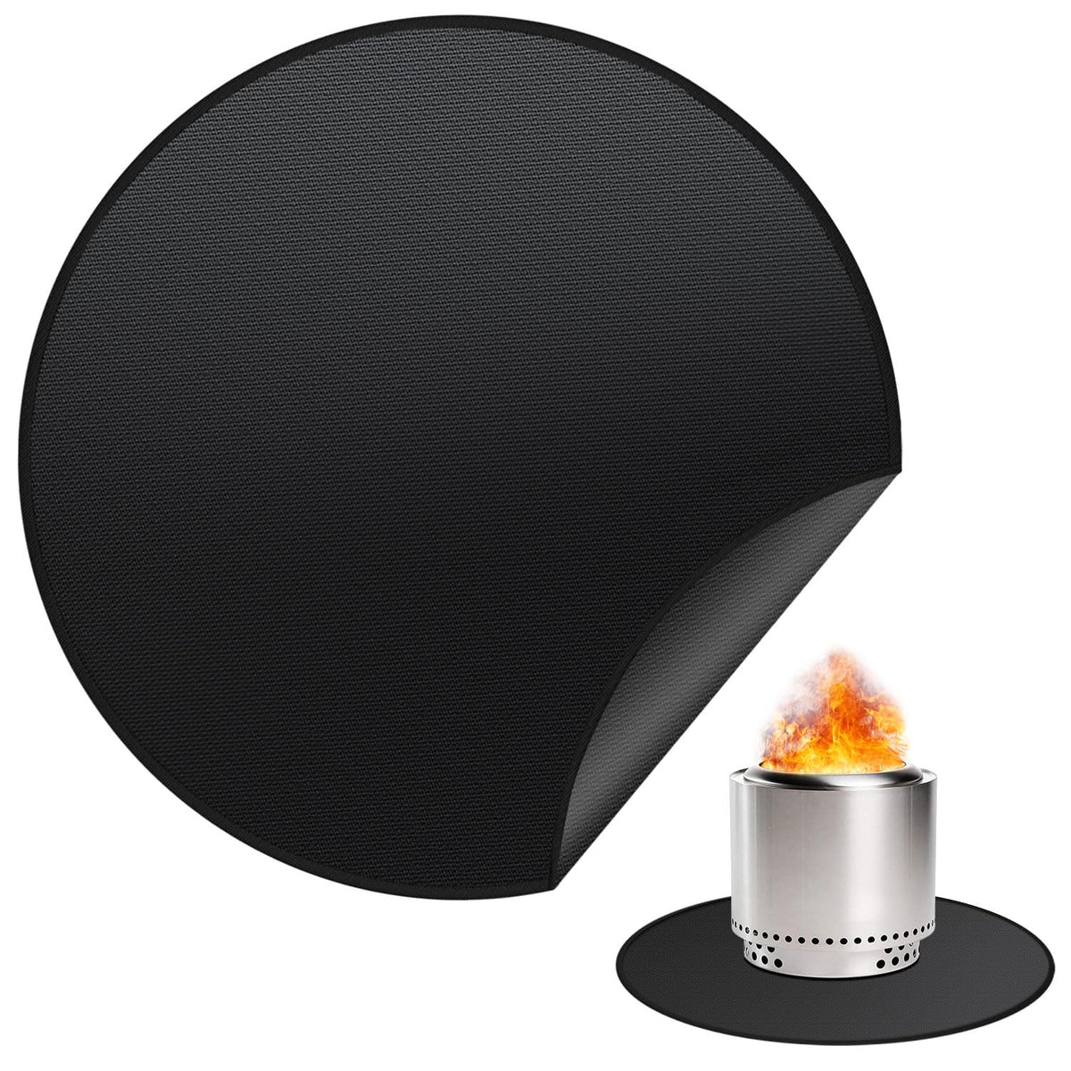 Rumlick 36in round fire pit mat protecting decks from embers and heat during outdoor gatherings.
