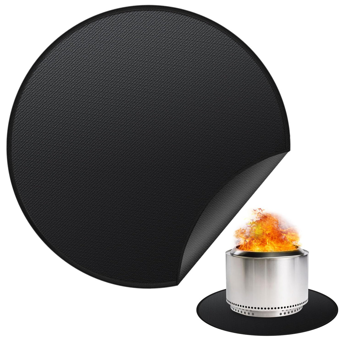 Rumlick 48-inch round fire pit mat protects Yukon decks from embers and heat.