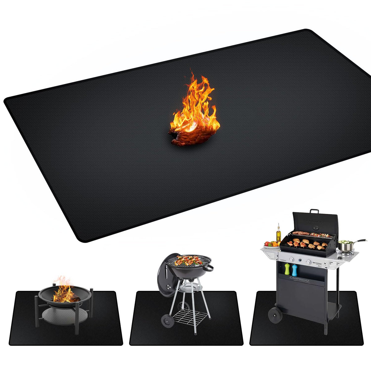 Rumlick 60x40 inch under grill mat shielding decks from heat and sparks.