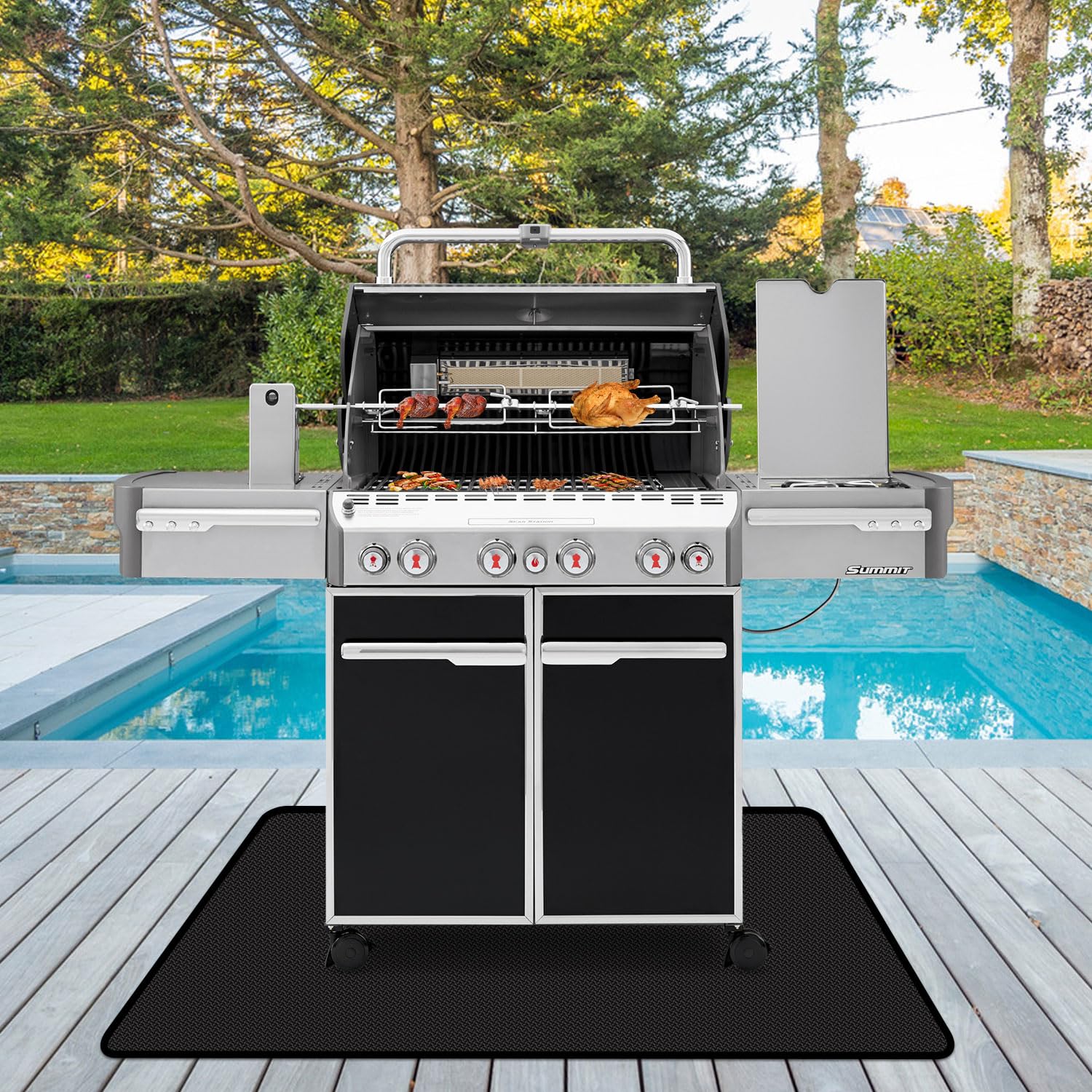 Wide protection of deck and lawn in a backyard grilling setup