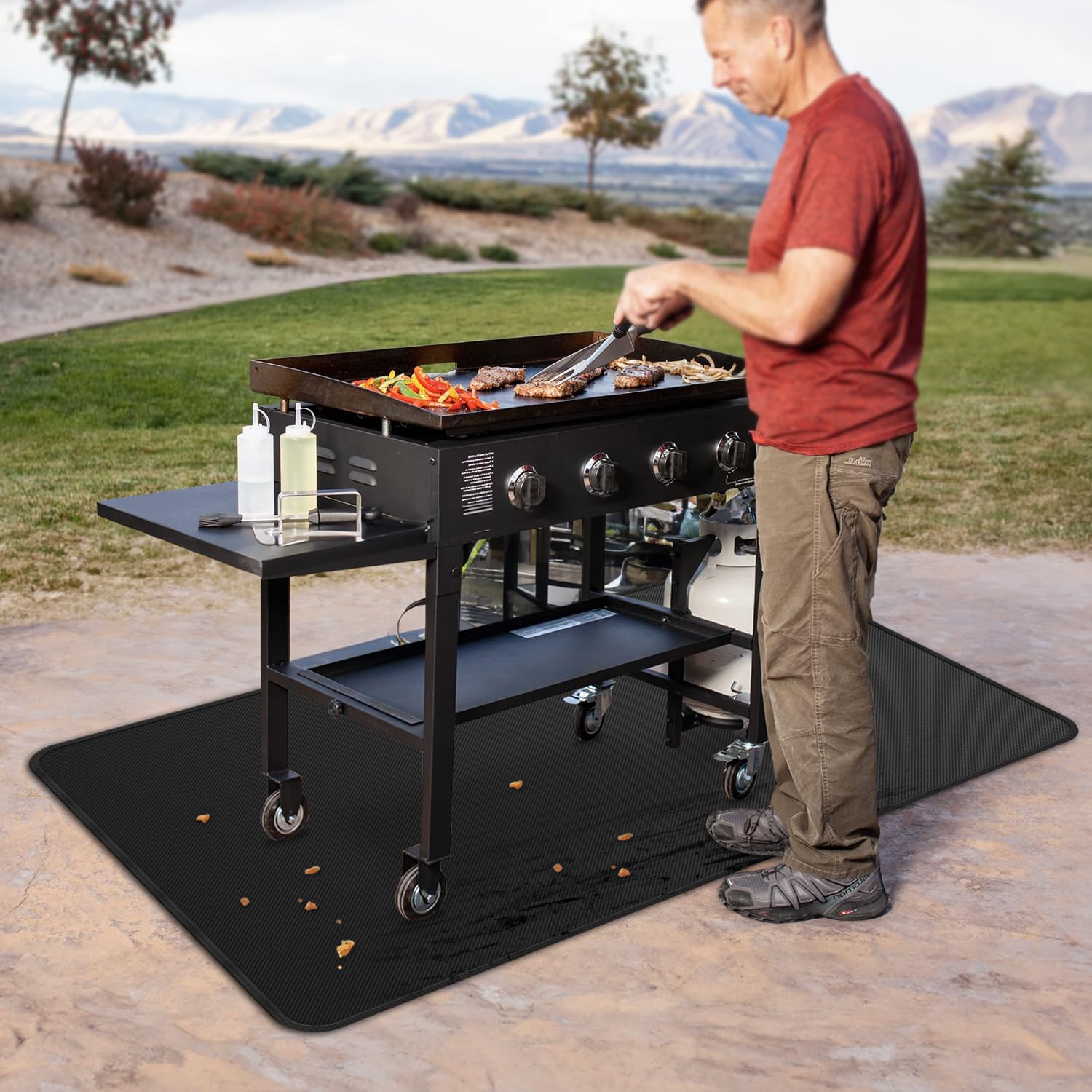 Rumlick fire pit and fireplace mat providing protective shield for outdoor heat sources