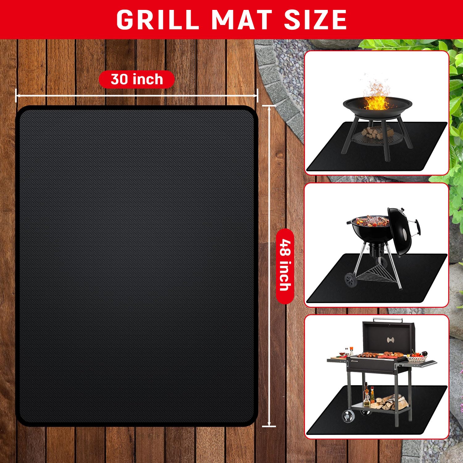 Rumlick fire pit and grill protection mat guards grass and patios during open flames.