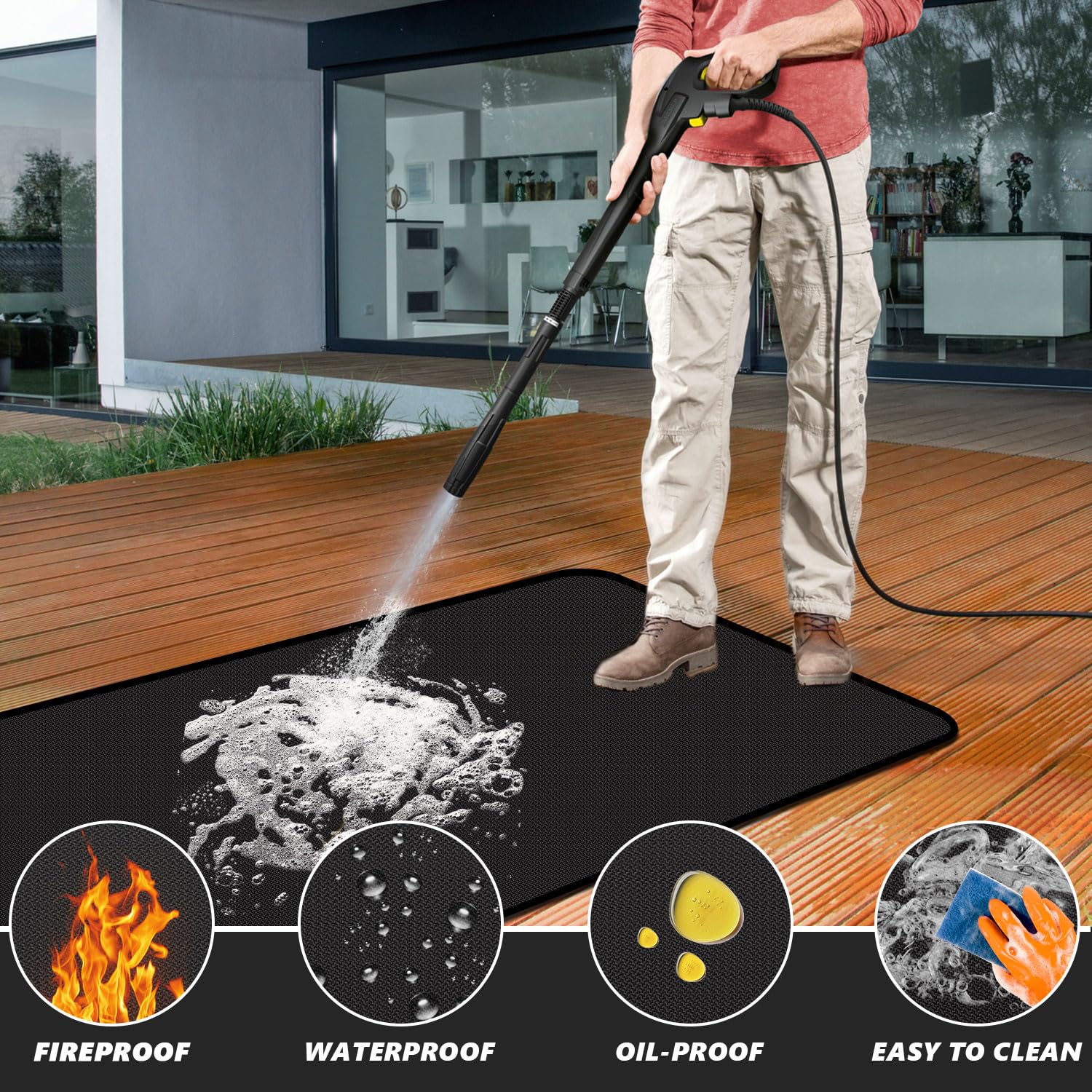 Close-up of fireproof fiberglass mat under grill with coating