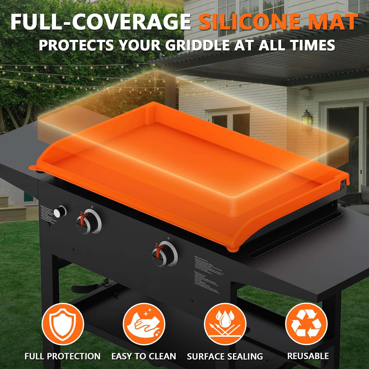 rumlick orange silicone griddle top cover provides waterproof protection for year-round use.