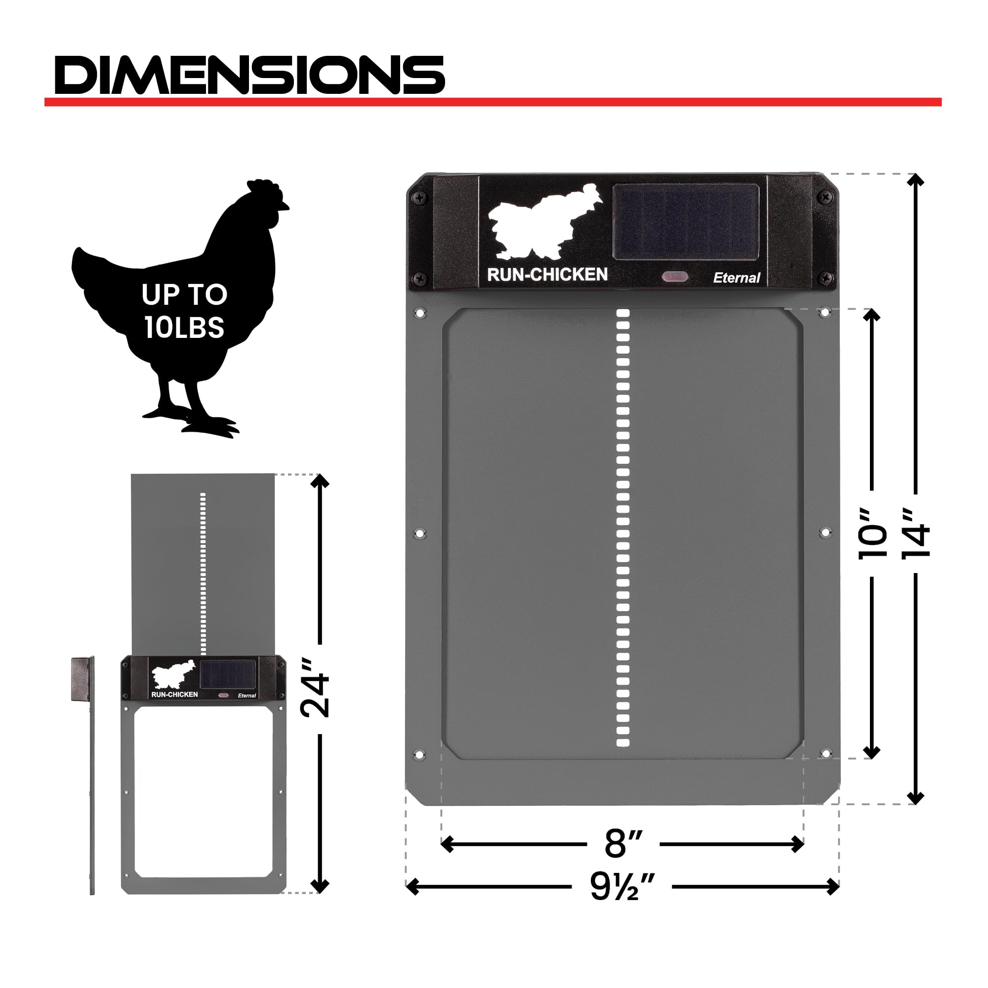 RUN-CHICKEN Door Eternal app control display for timer and sunrise scheduling.