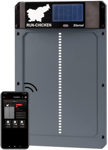 RUN-CHICKEN Door Eternal front view showing secure, weatherproof coop hardware.