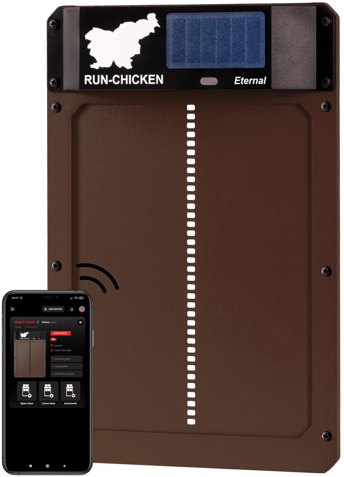 RUN-CHICKEN Door Eternal exterior solar panel powering automated coop access.