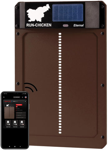 RUN-CHICKEN Door Eternal exterior solar panel powering automated coop access.