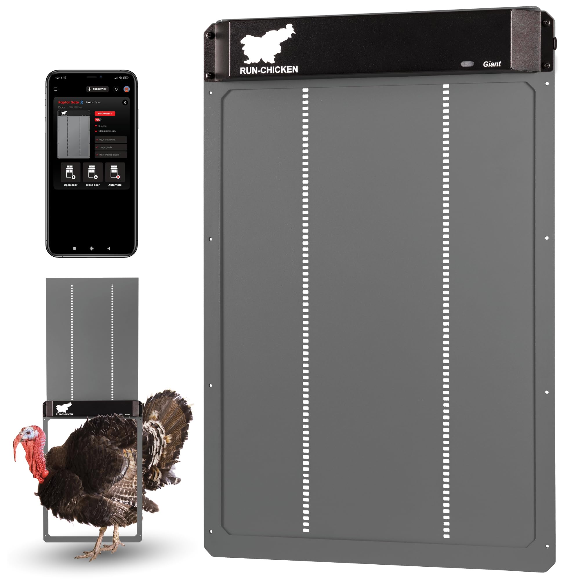 RUN-CHICKEN Door Giant front view showing rugged aluminum build for large poultry needs