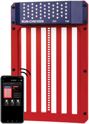 RUN-CHICKEN Door T50 front view highlights durable weatherproof aluminum for all-season use.