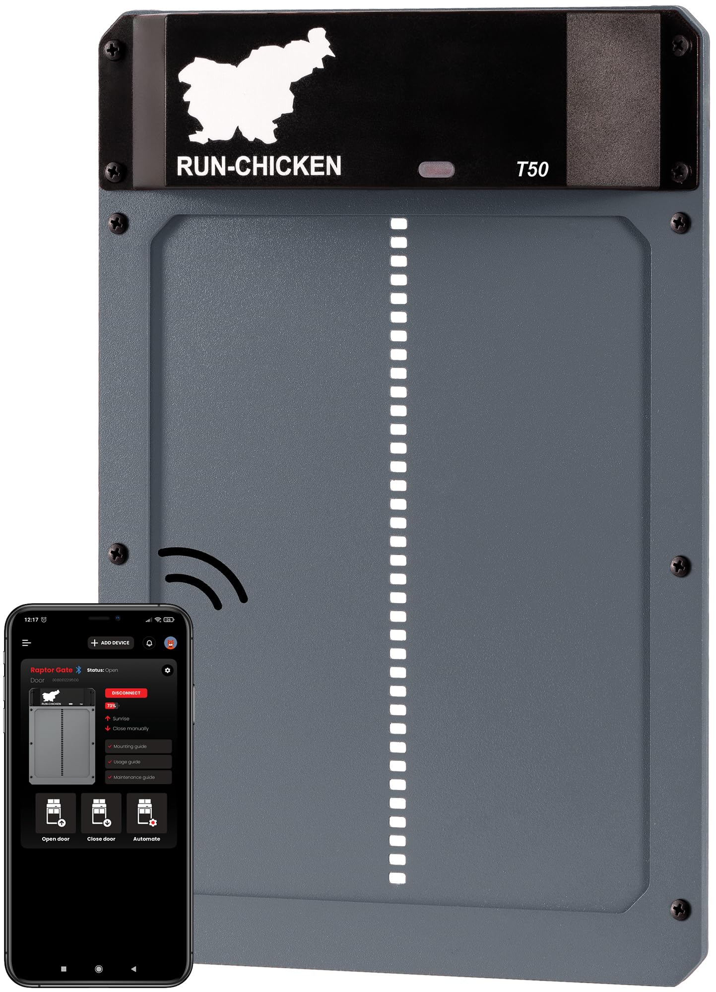 RUN-CHICKEN T50 closed coop door protects your flock at dusk.