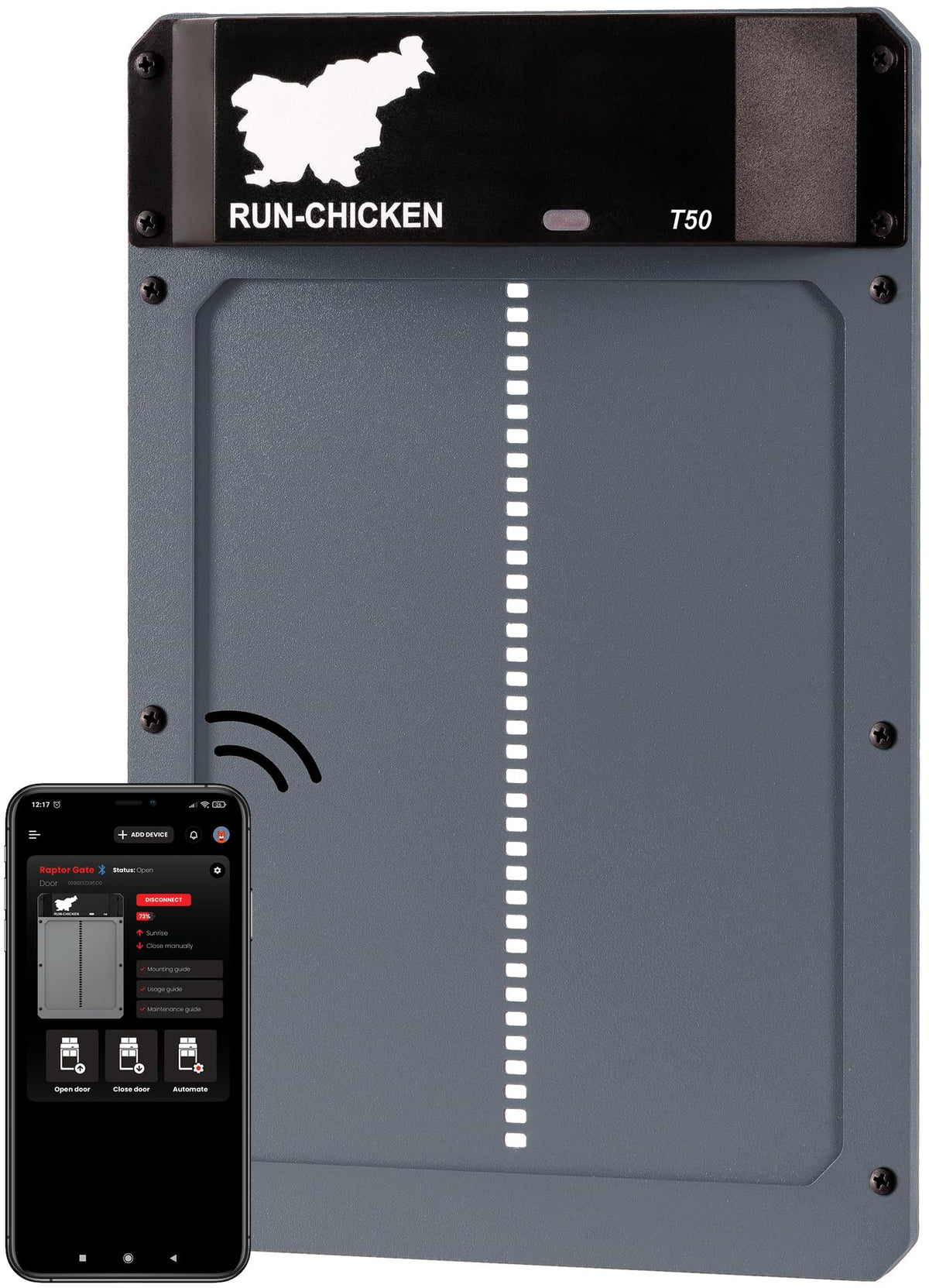 RUN-CHICKEN T50 closed coop door protects your flock at dusk.