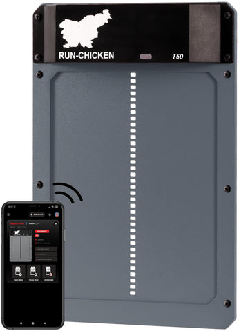 RUN-CHICKEN T50 closed coop door protects your flock at dusk.