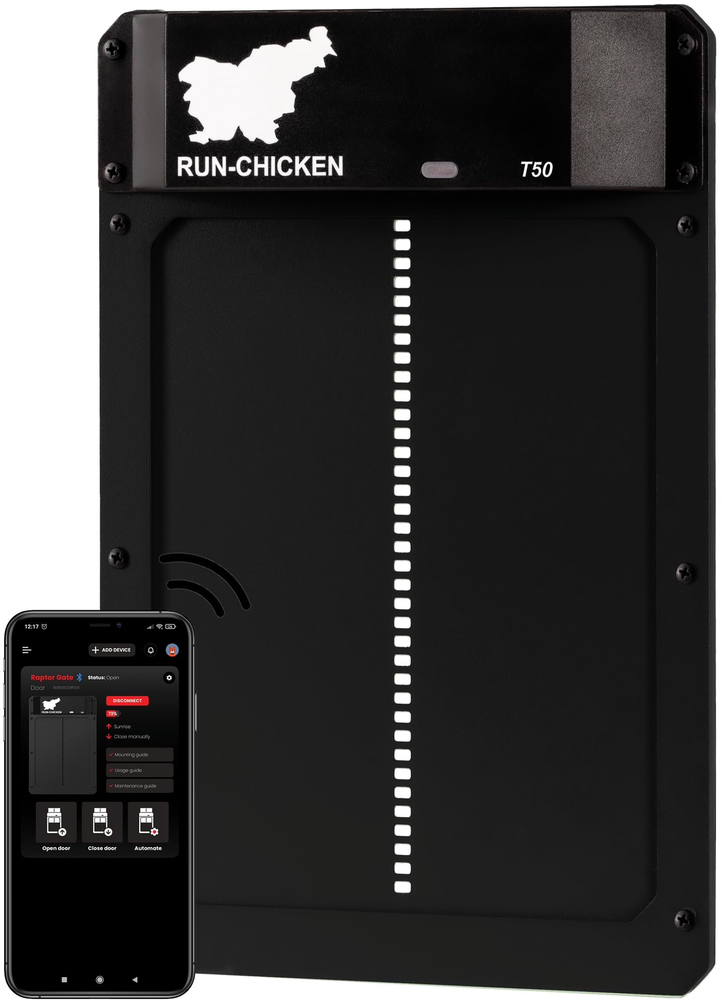 RUN-CHICKEN T50 door front view demonstrating reliable automatic operation for coop safety.