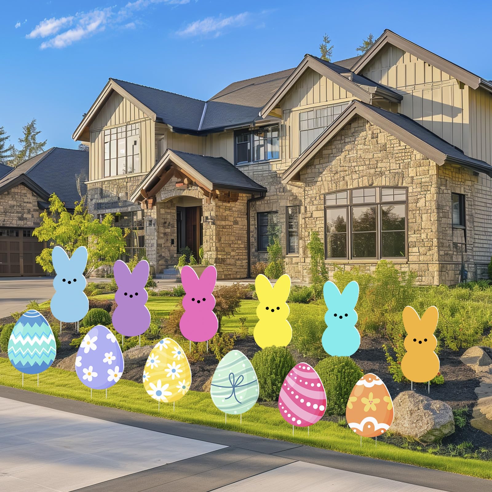 Runleo brightly colored bunny and egg yard sign with stakes for lawn display