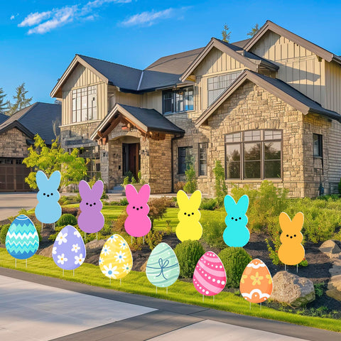 Runleo brightly colored bunny and egg yard sign with stakes for lawn display