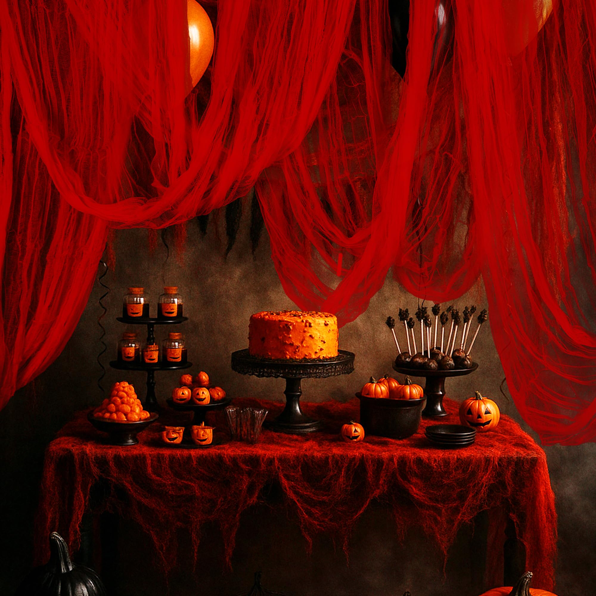 RunNico blood red gauze creates a dramatic Halloween porch backdrop