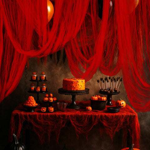 RunNico blood red gauze creates a dramatic Halloween porch backdrop