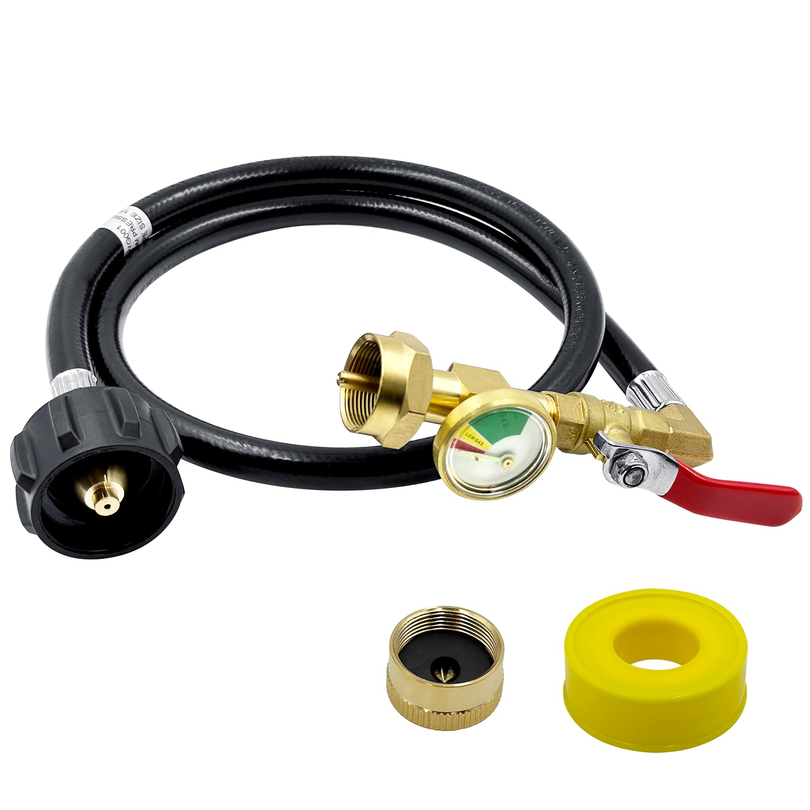 Runtticoon propane refill adapter with 3 ft hose and gauge for safe fuel transfer.