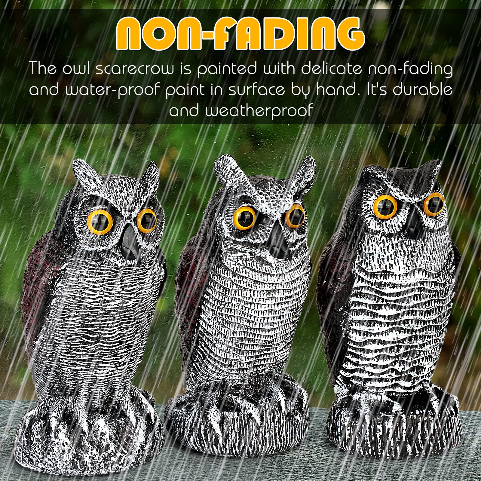 Ruolan owl decoys feature hand-painted designs for a realistic, garden-friendly look.