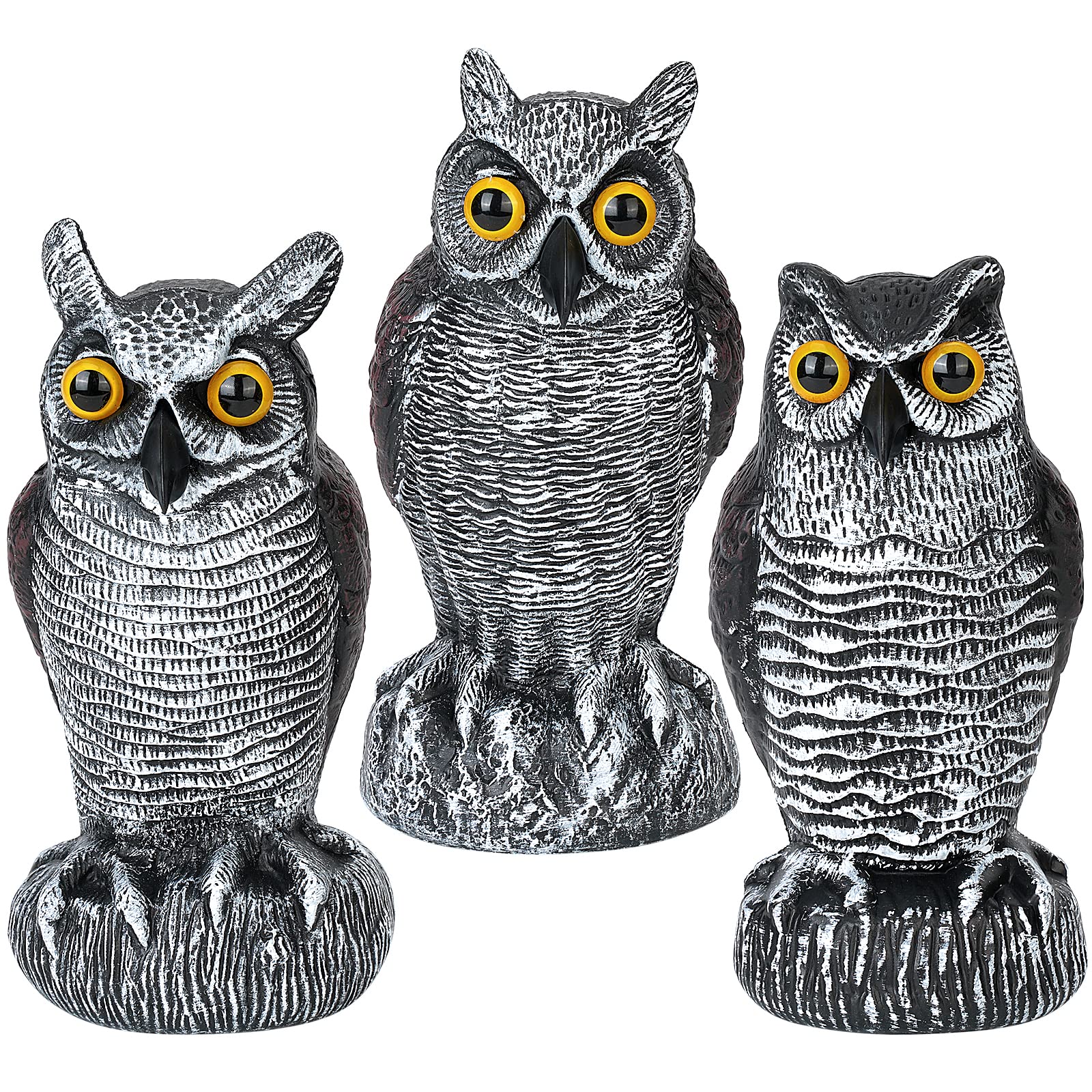 Ruolan 3-pack owl decoys with weatherproof finish deter birds across seasons.