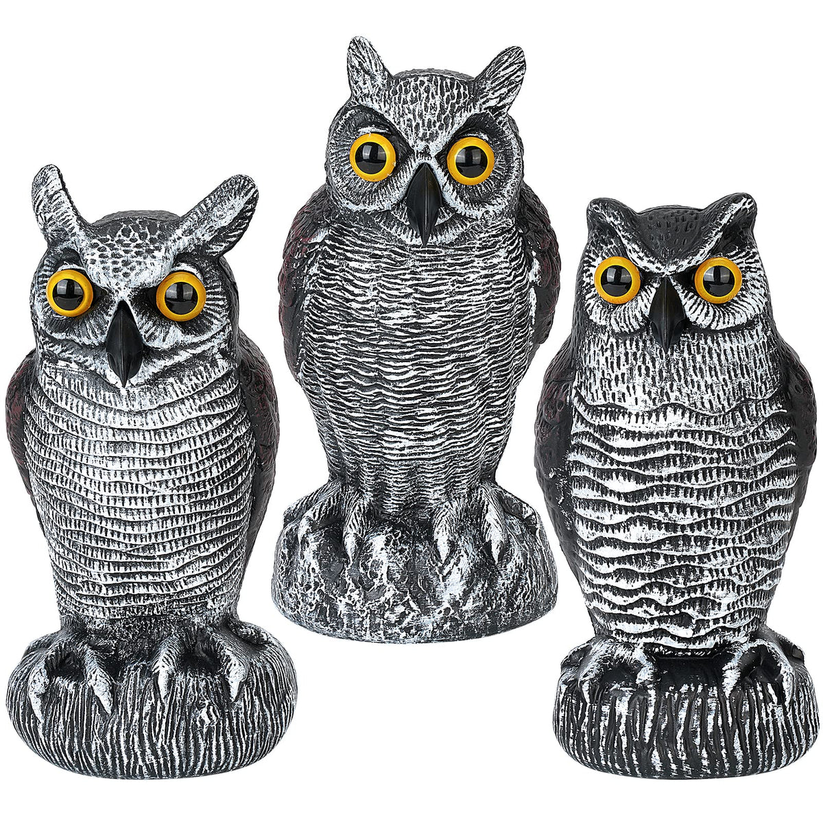 Ruolan 3-pack owl decoys with weatherproof finish deter birds across seasons.