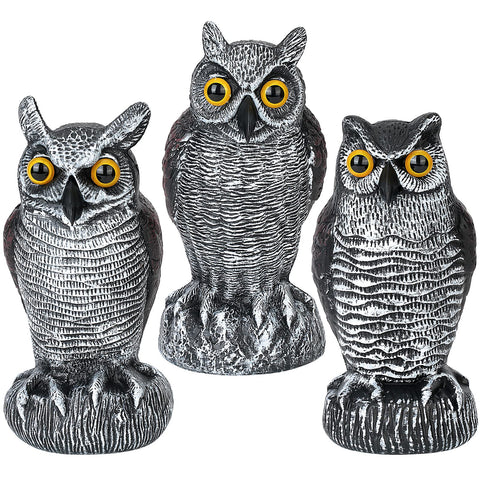 Ruolan 3-pack owl decoys with weatherproof finish deter birds across seasons.