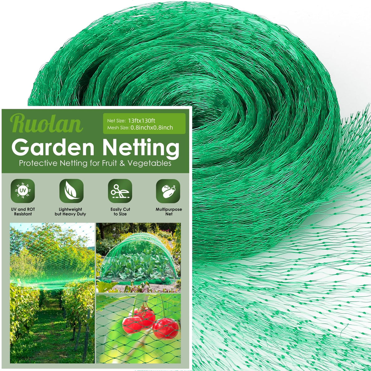 Ruolan Bird Netting 13x130ft roll application protects plants from wildlife