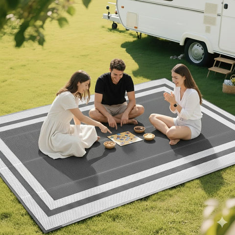 Rurality multi-application rug suitable for deck, porch, beach, or camping.