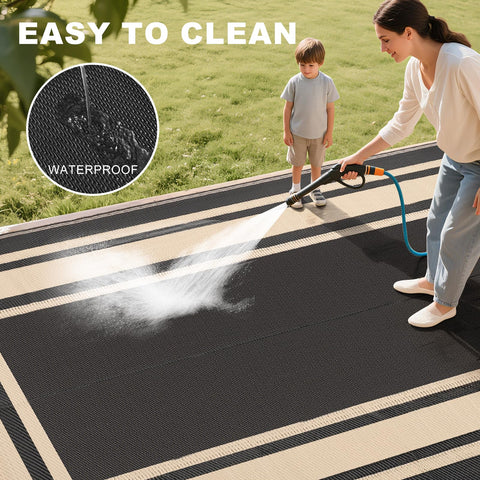 RURALITY outdoor rug on deck or patio showing versatile placement.