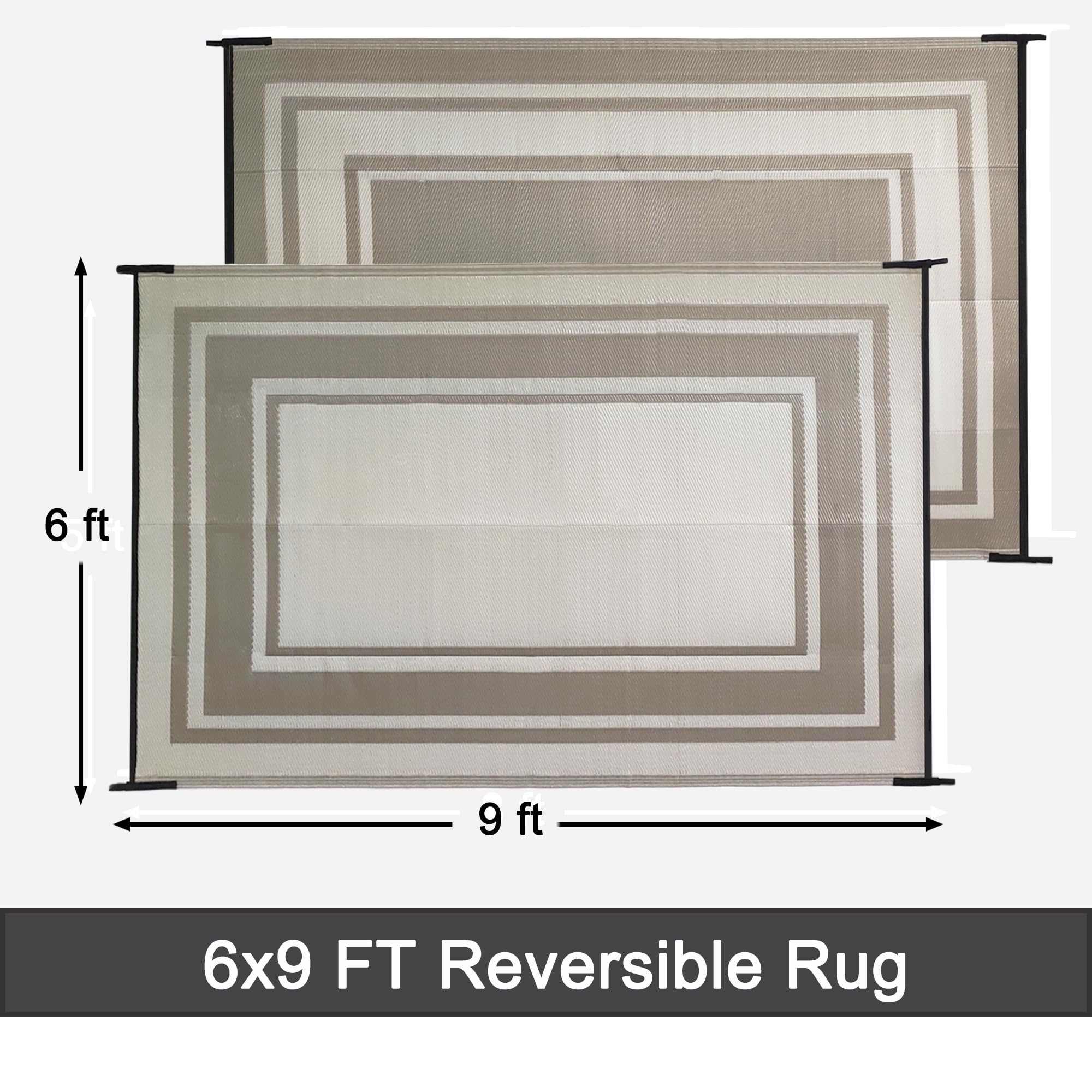 RURALITY outdoor rug reversible design showcased on terrace, doubles as two looks