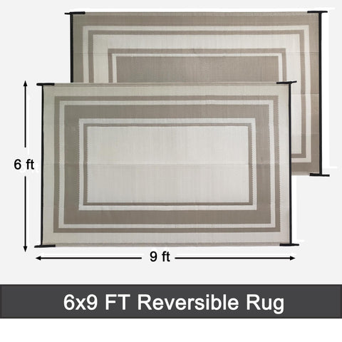 RURALITY outdoor rug reversible design showcased on terrace, doubles as two looks
