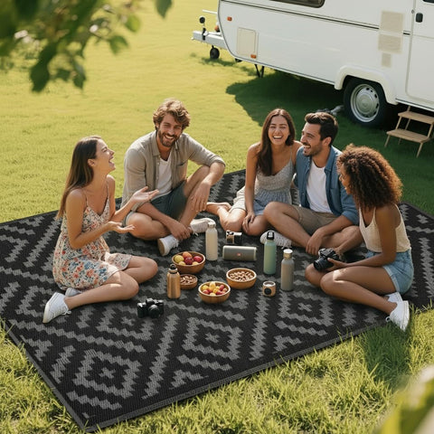 Rurality portable outdoor rug ready for storage when not in use.