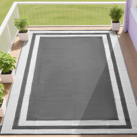 Rurality reversible outdoor rug hemmed edge for two looks.