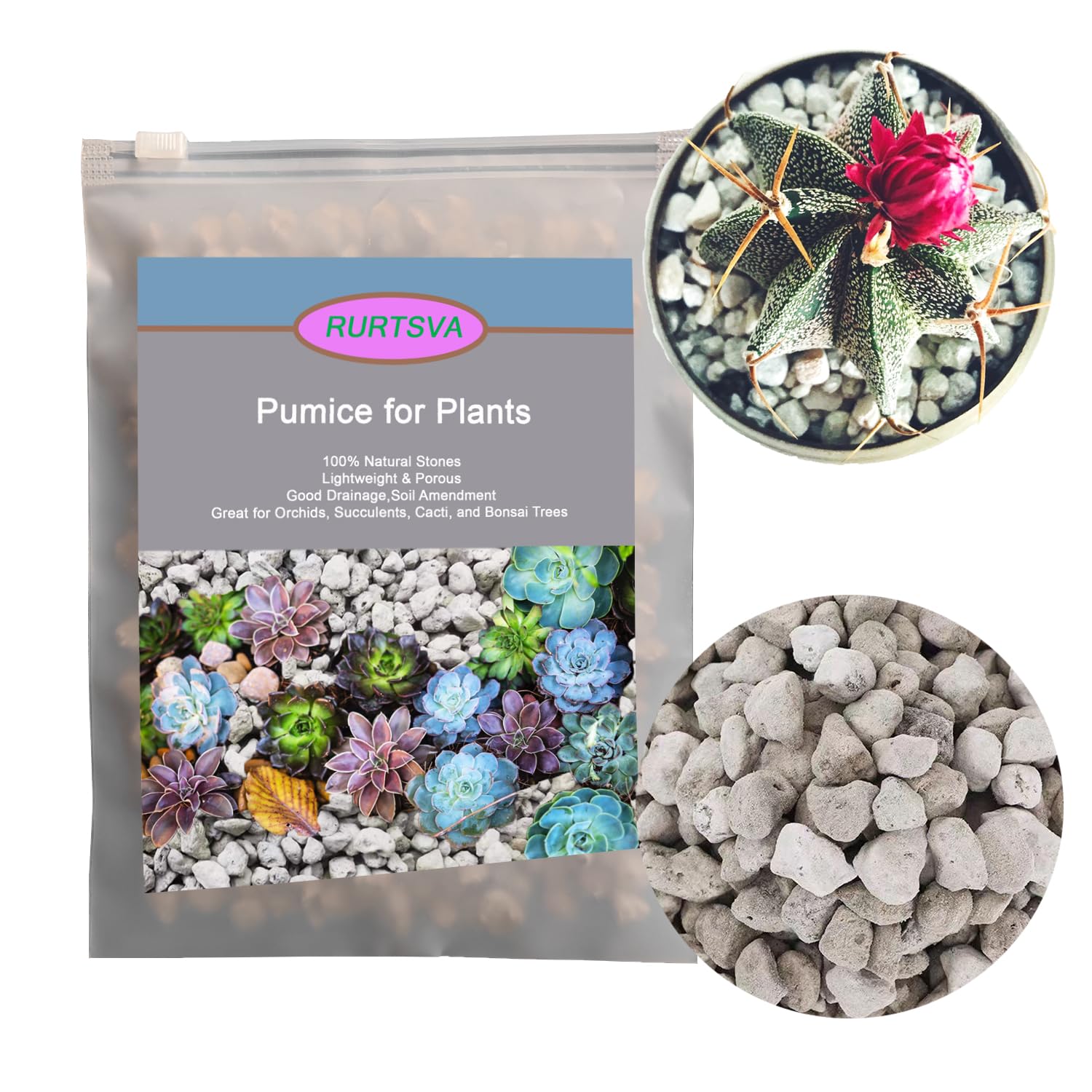 Rurtsva horticultural pumice 2qt bag closeup enhances root air with its porous texture.