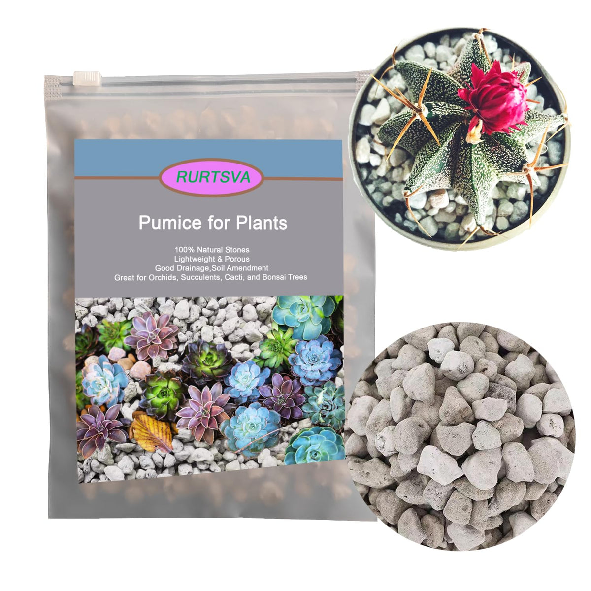 Rurtsva horticultural pumice 2qt bag closeup enhances root air with its porous texture.