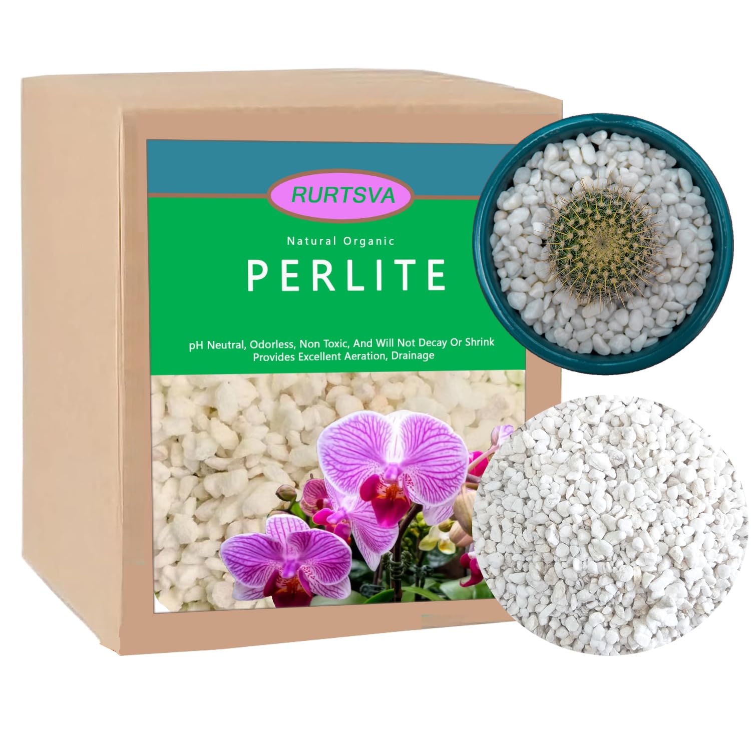Rurtsva Perlite 10QT packaging highlighting drainage and aeration benefits
