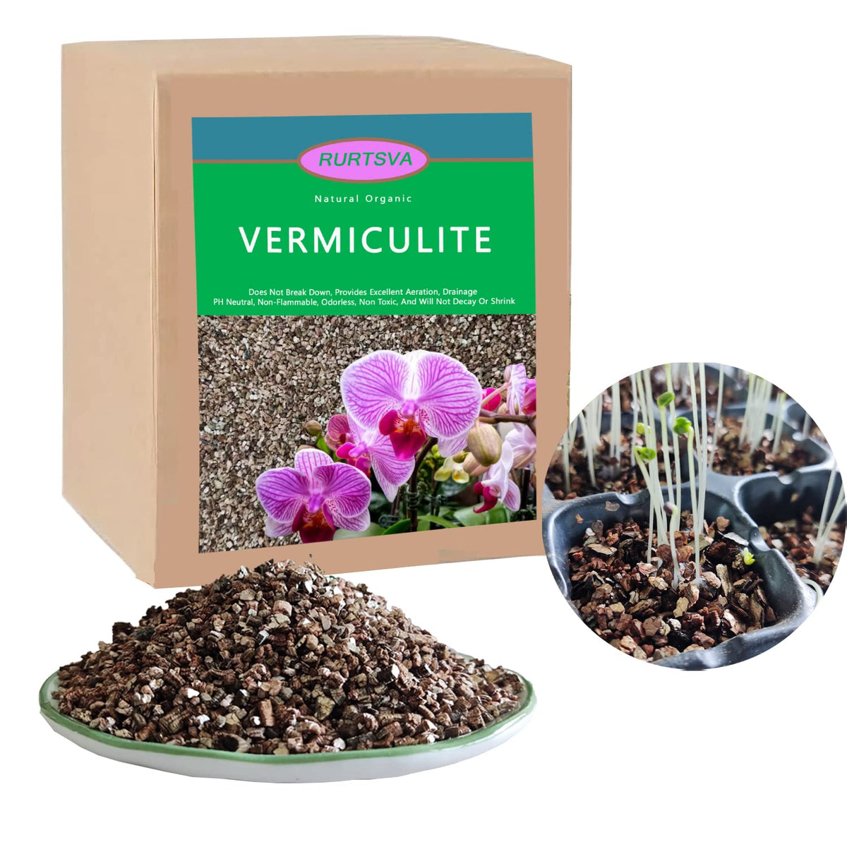Rurtsva vermiculite 5QT bag opened, ideal moisture retention for plants.