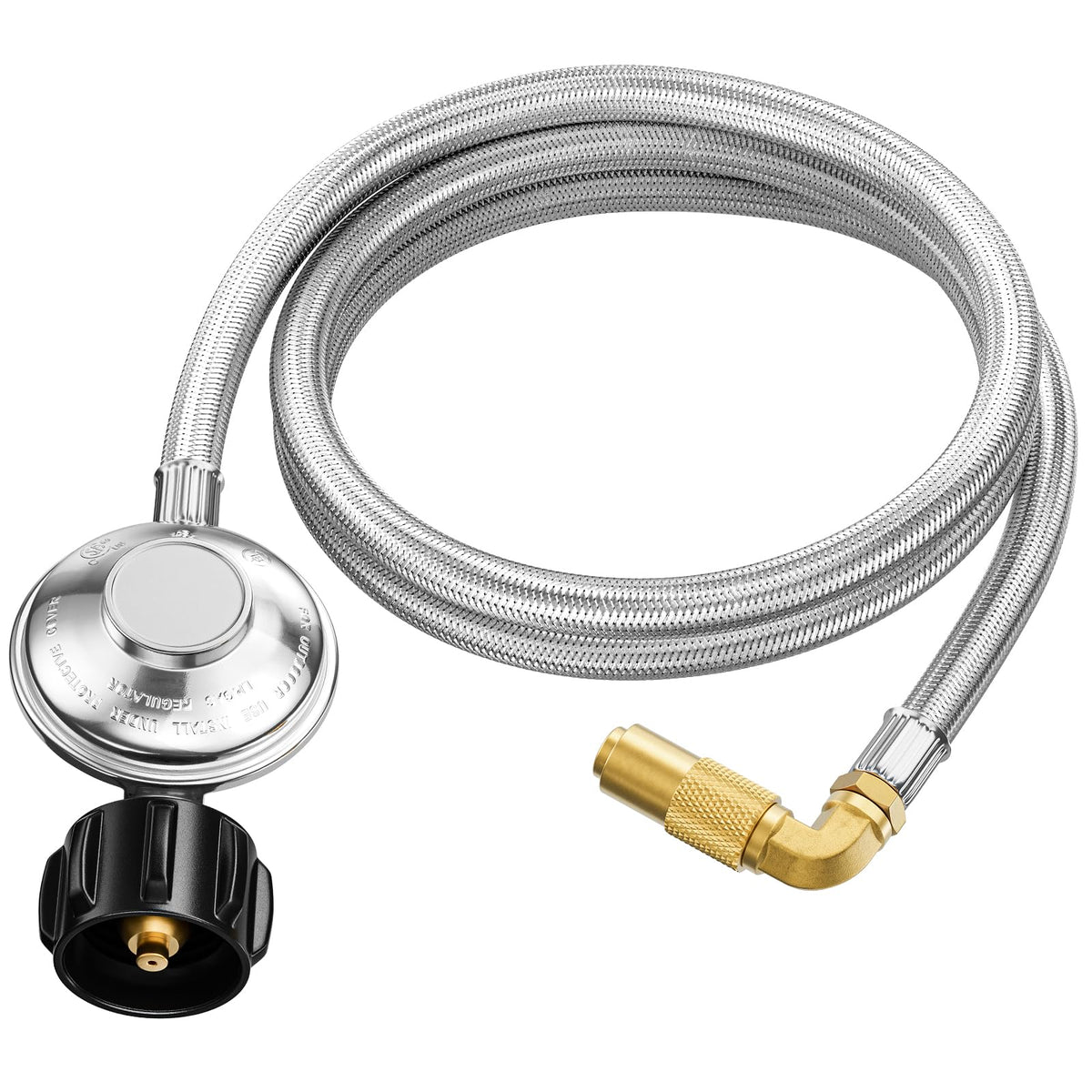 Rushare 6 ft propane regulator hose connected to Blackstone 17- and 22-inch griddles for flexible outdoor cooking.