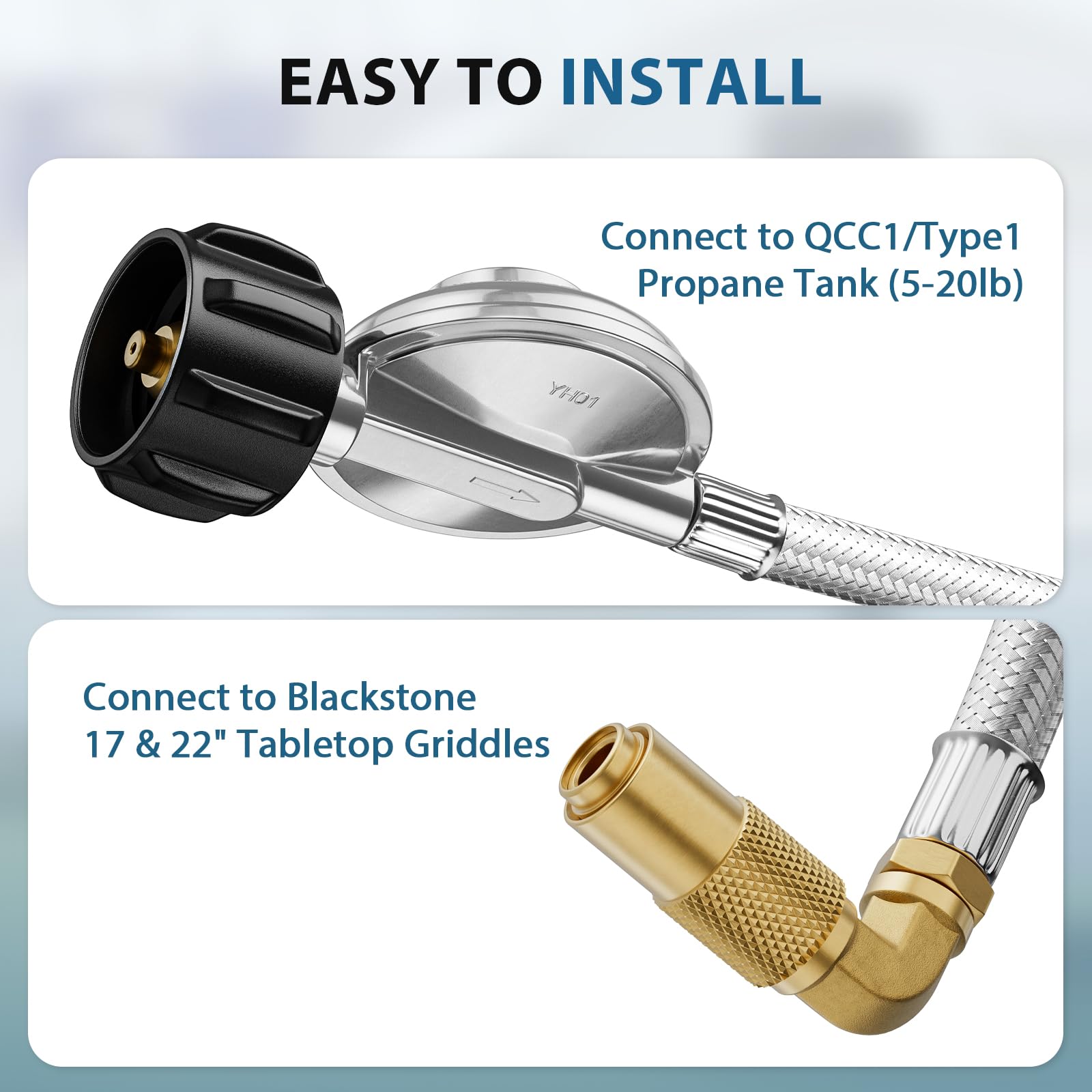 Rushare brass regulator with stainless braided hose for a secure Blackstone connection.