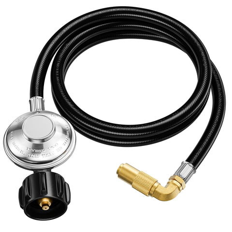 Rushare propane adapter hose on Blackstone 17-22 inch griddle for a secure, continuous fuel supply.