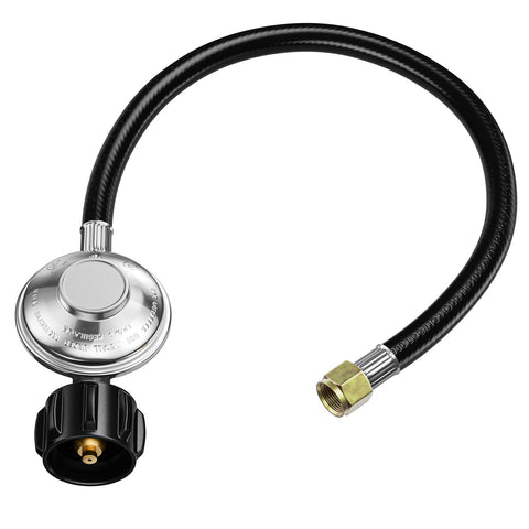 Rushare universal regulator connected to a propane grill for safe operation.
