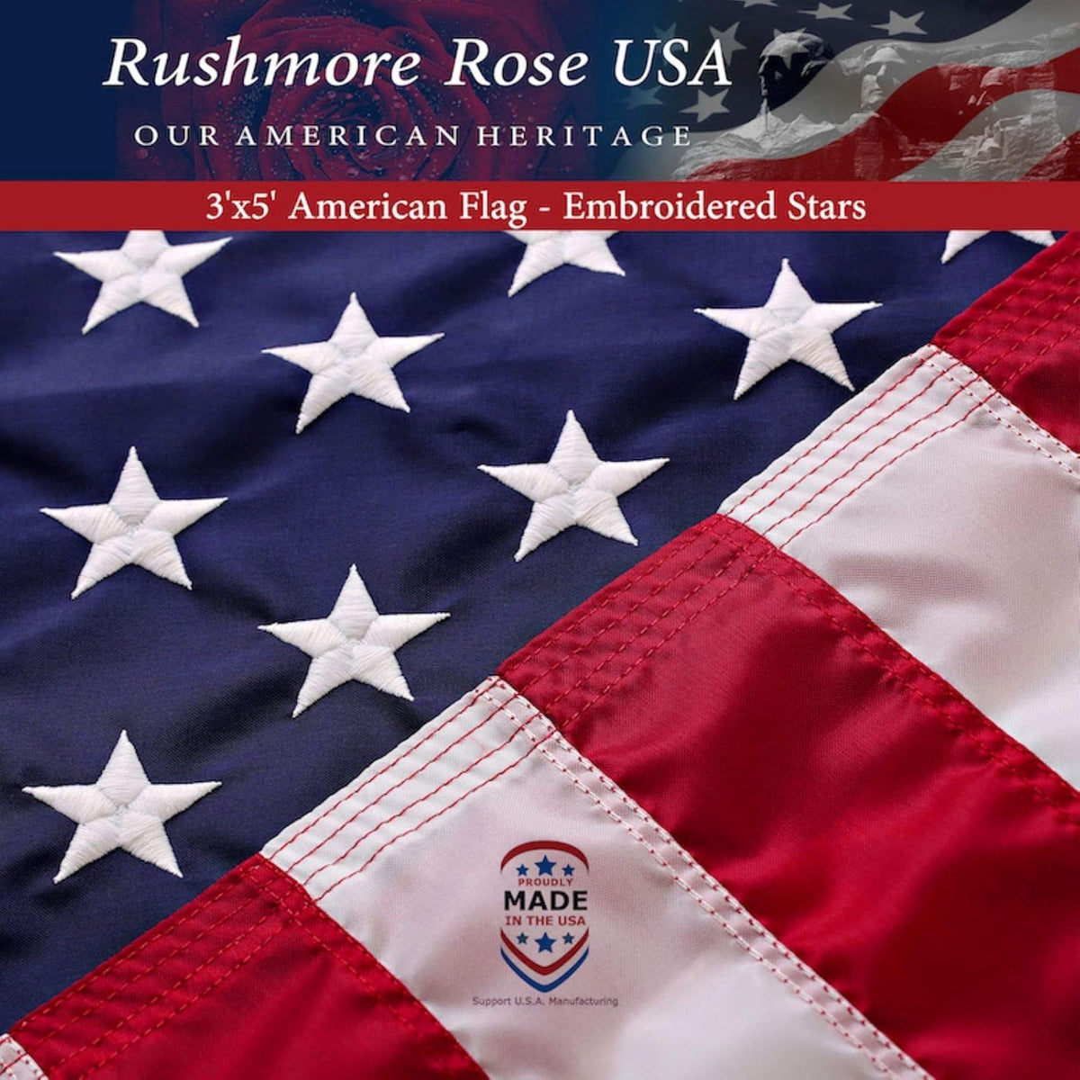 Rushmore Rose USA American flag 3x5 outdoor on a pole, durable for outside use