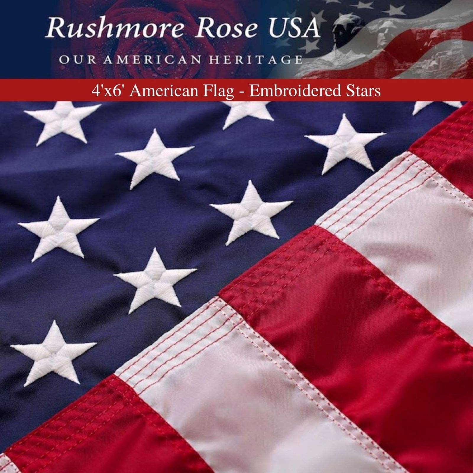 Rushmore Rose USA 4x6 outdoor flag fabric; durable exterior display.