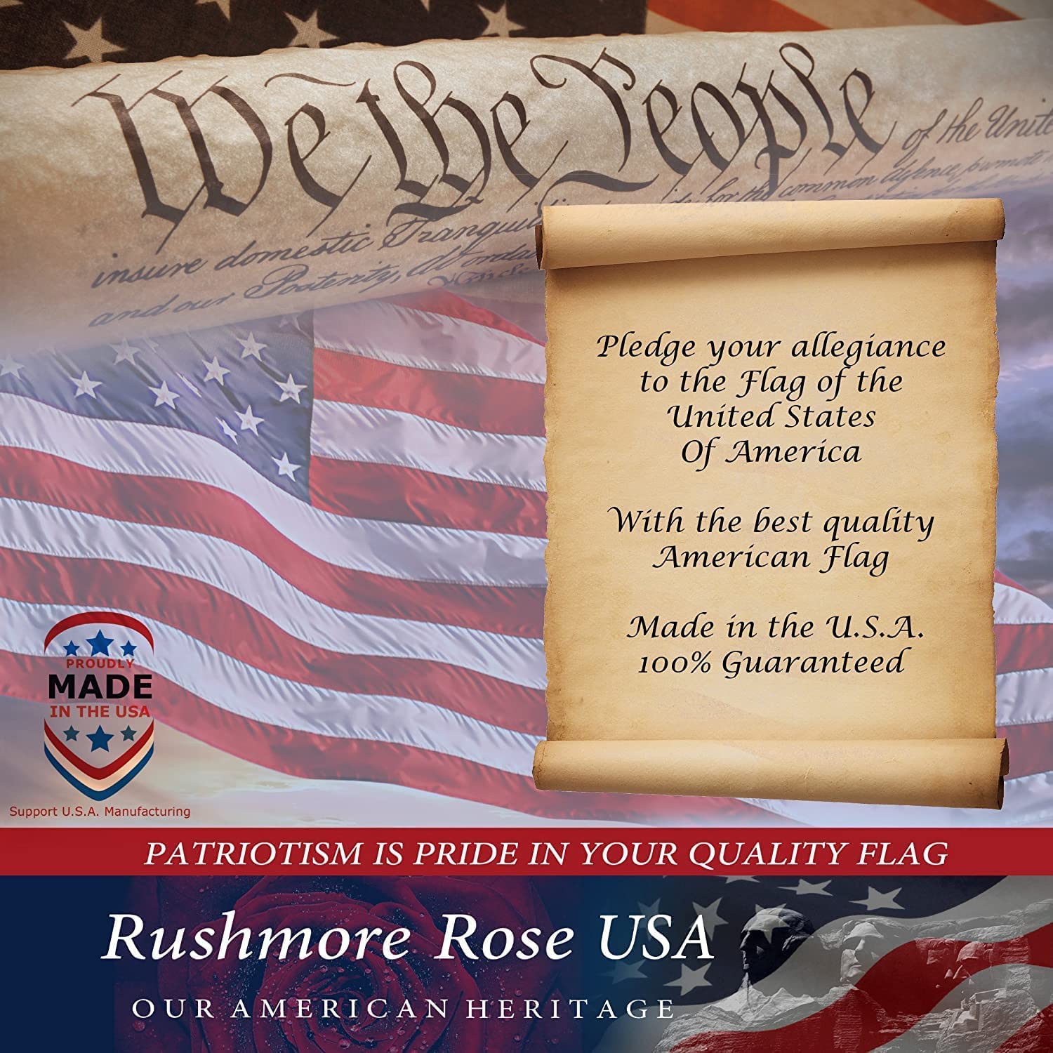 Rushmore Rose USA flag all-weather design with long-lasting color durability.