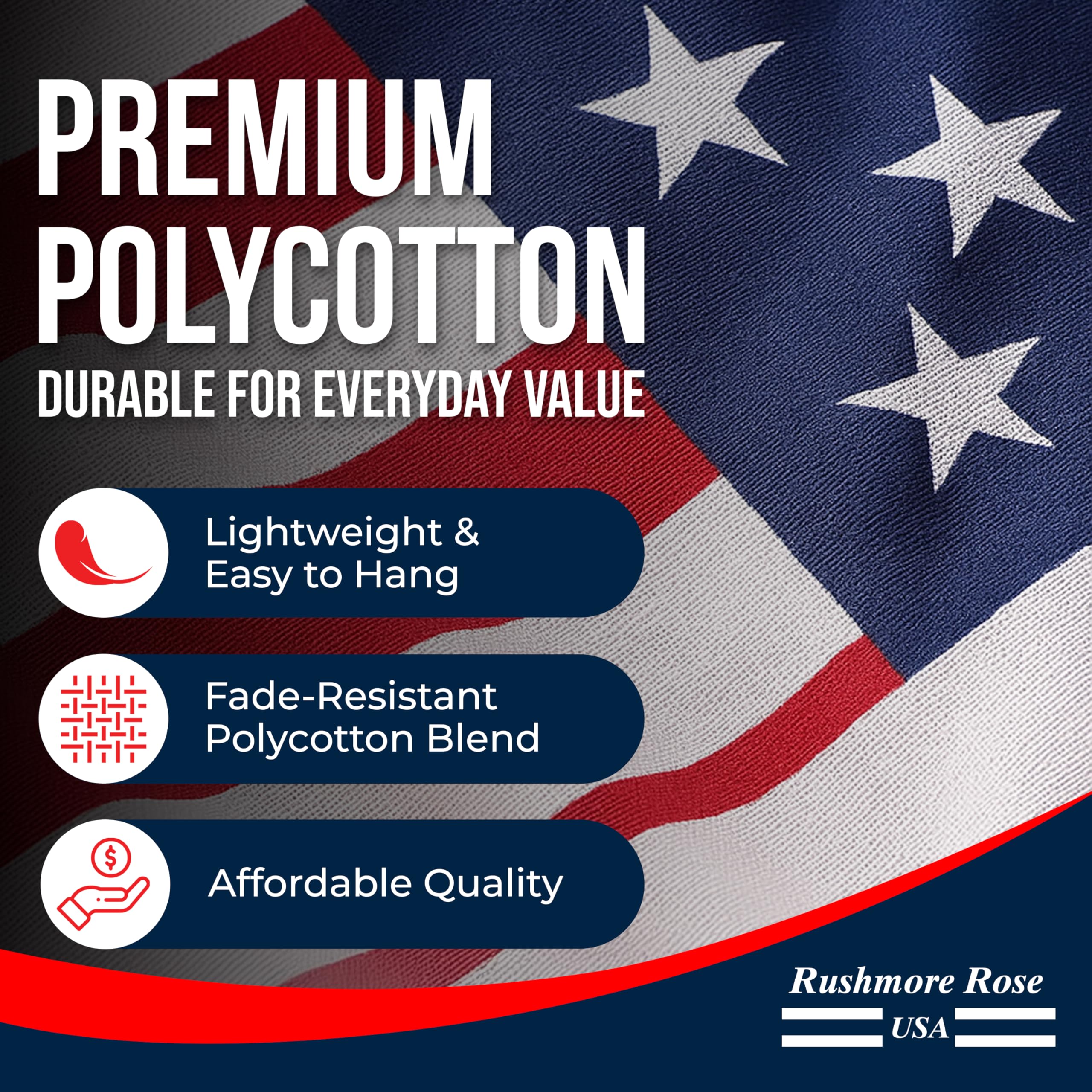 Rushmore Rose USA flag ideal for porch and storefront displays.