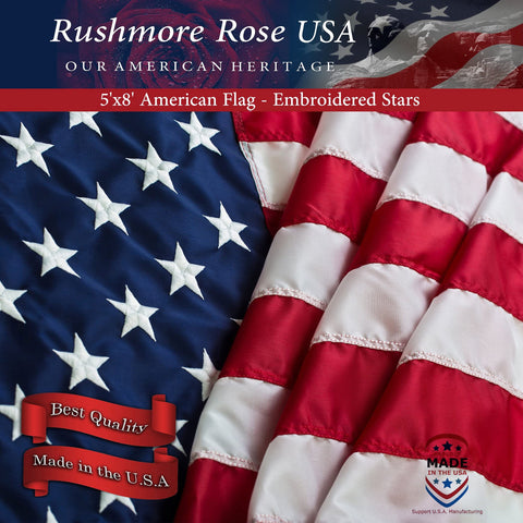 Rushmore Rose USA flag on a house display creates a patriotic focal point.