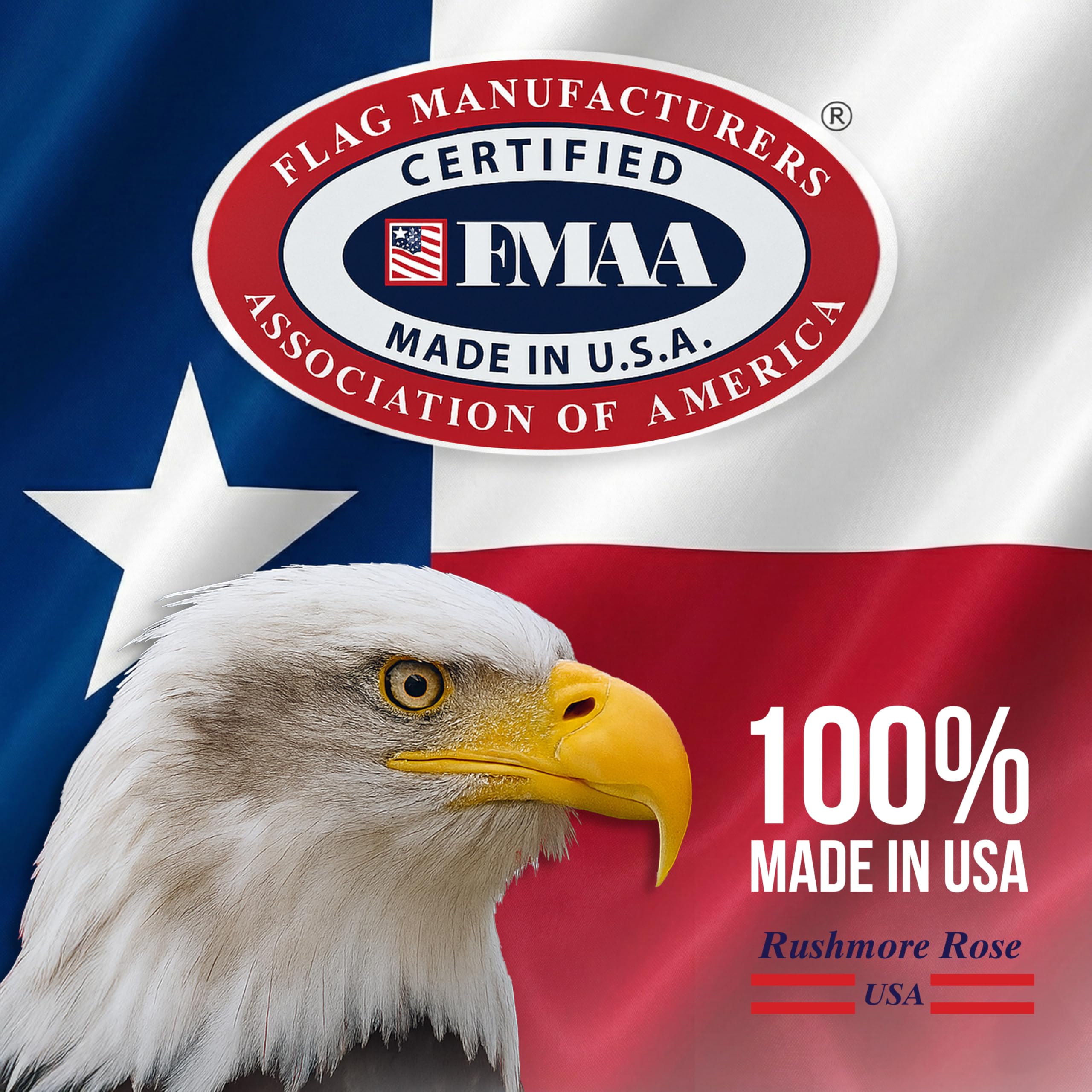 Rushmore Rose USA-made Texas flag with sewn construction for a crisp, lasting look.