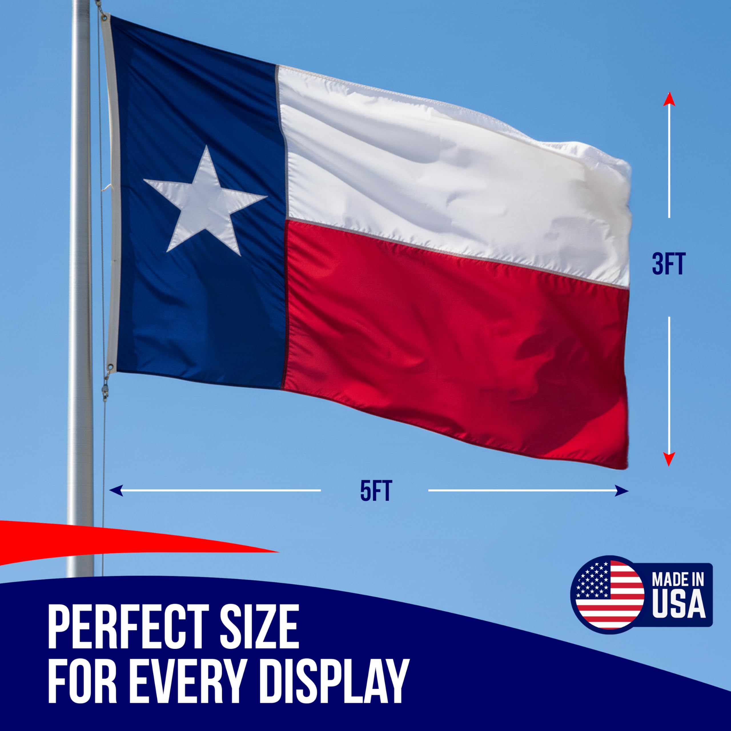 Rushmore Rose weather-resistant Texas flag withstands wind and sun without fading.