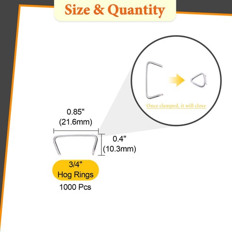 Rustark hog rings with D-style crimp for easy installation on upholstery and cages.